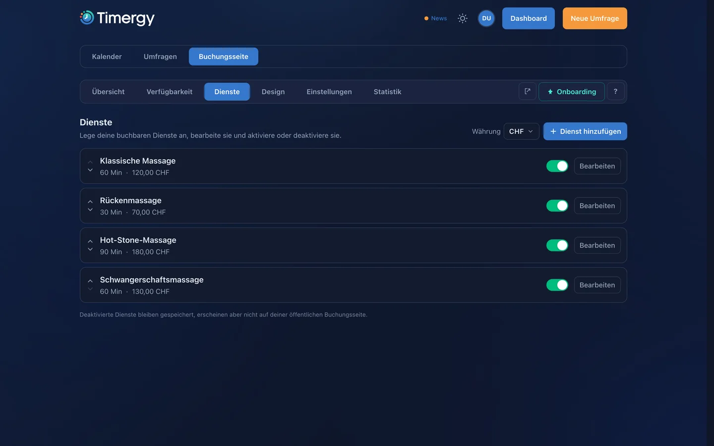 The Services tab in the dashboard: four treatments with duration and price, toggles to switch them on and off, currency CHF