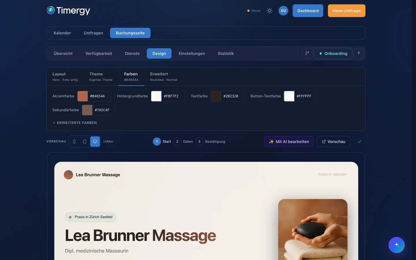 The booking page designer with the Colours tab open: accent, background, text and secondary colour, below it the massage practice page as a live preview