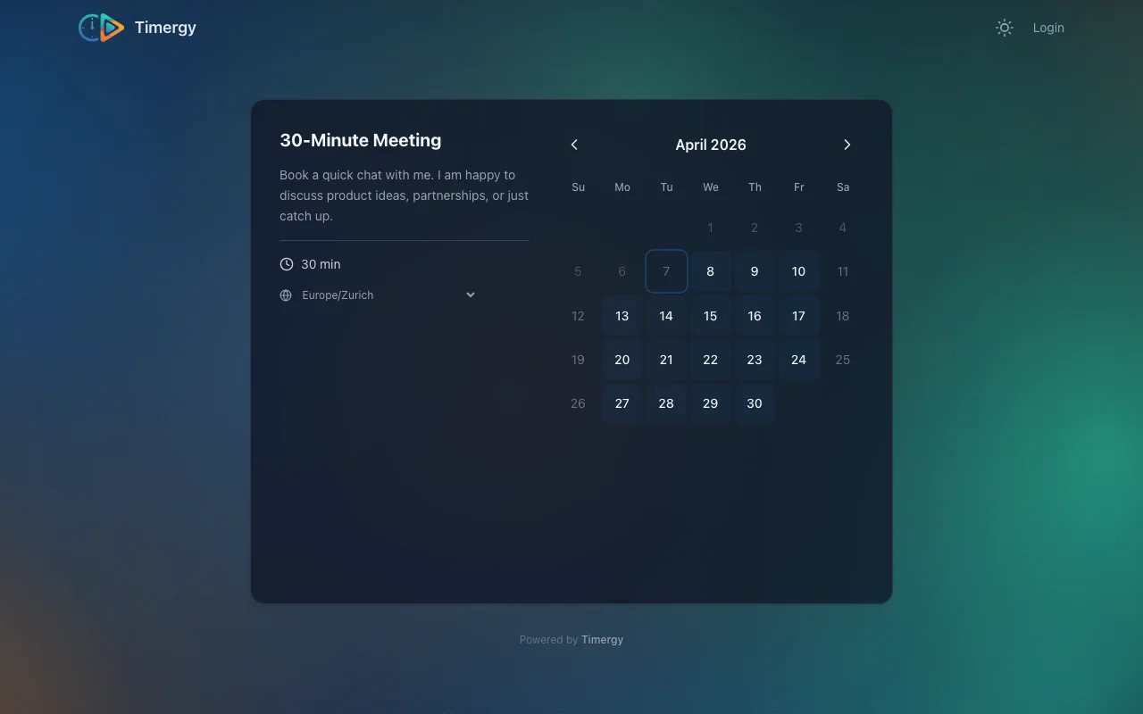 Timergy booking page in the new Hero layout, showing profile photo, services and calendar