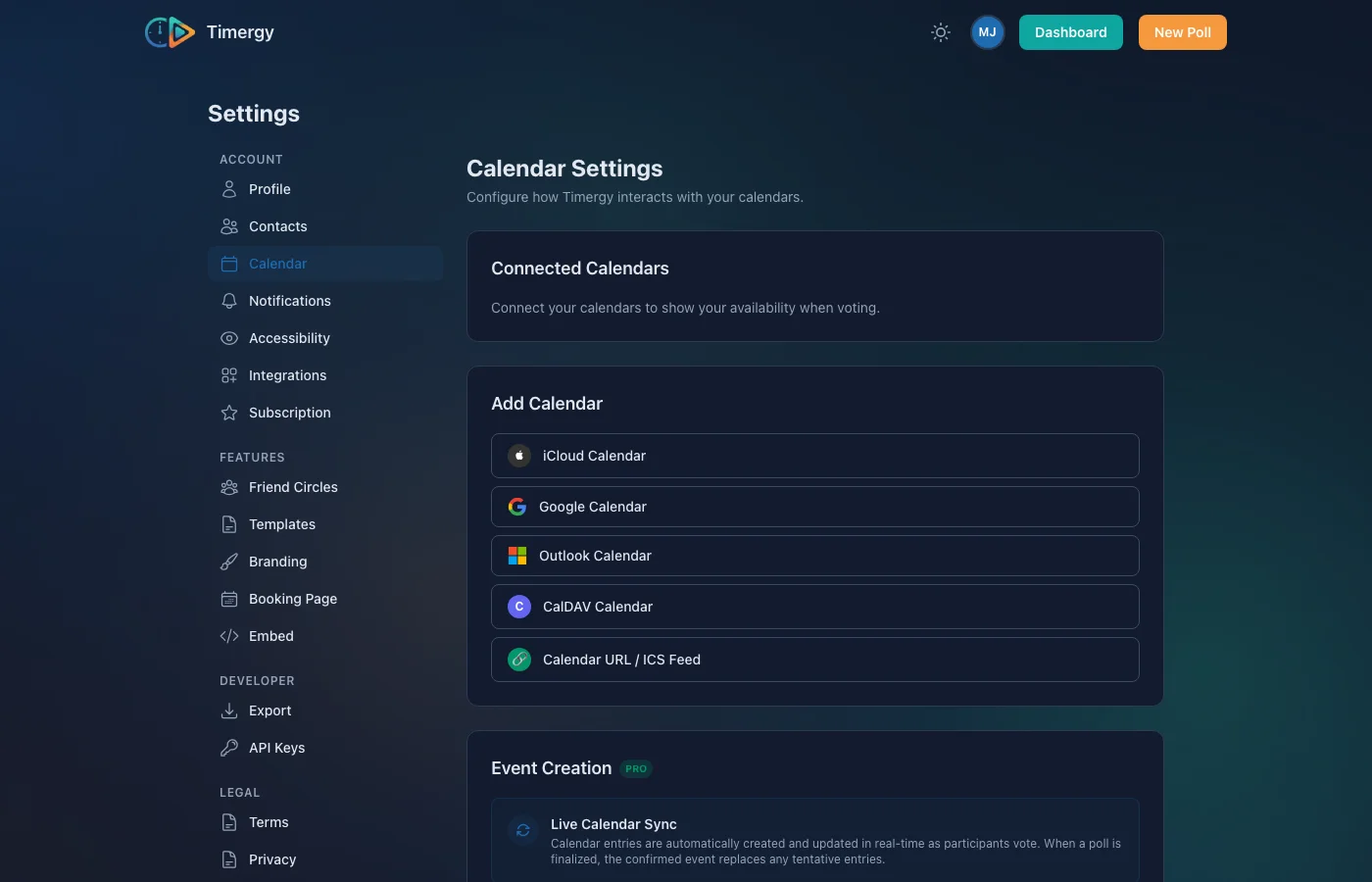 Calendar settings with connected providers
